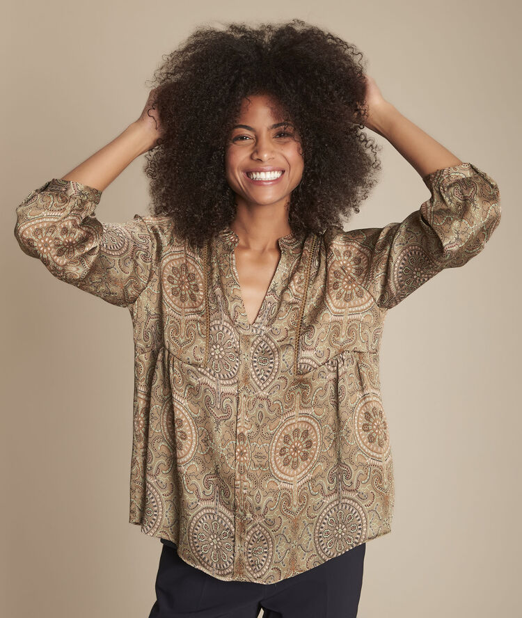 Martine khaki paisley print blouse corn.