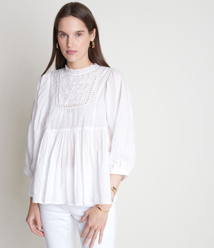 Thelya ecru romantic embroidered cotton blouse