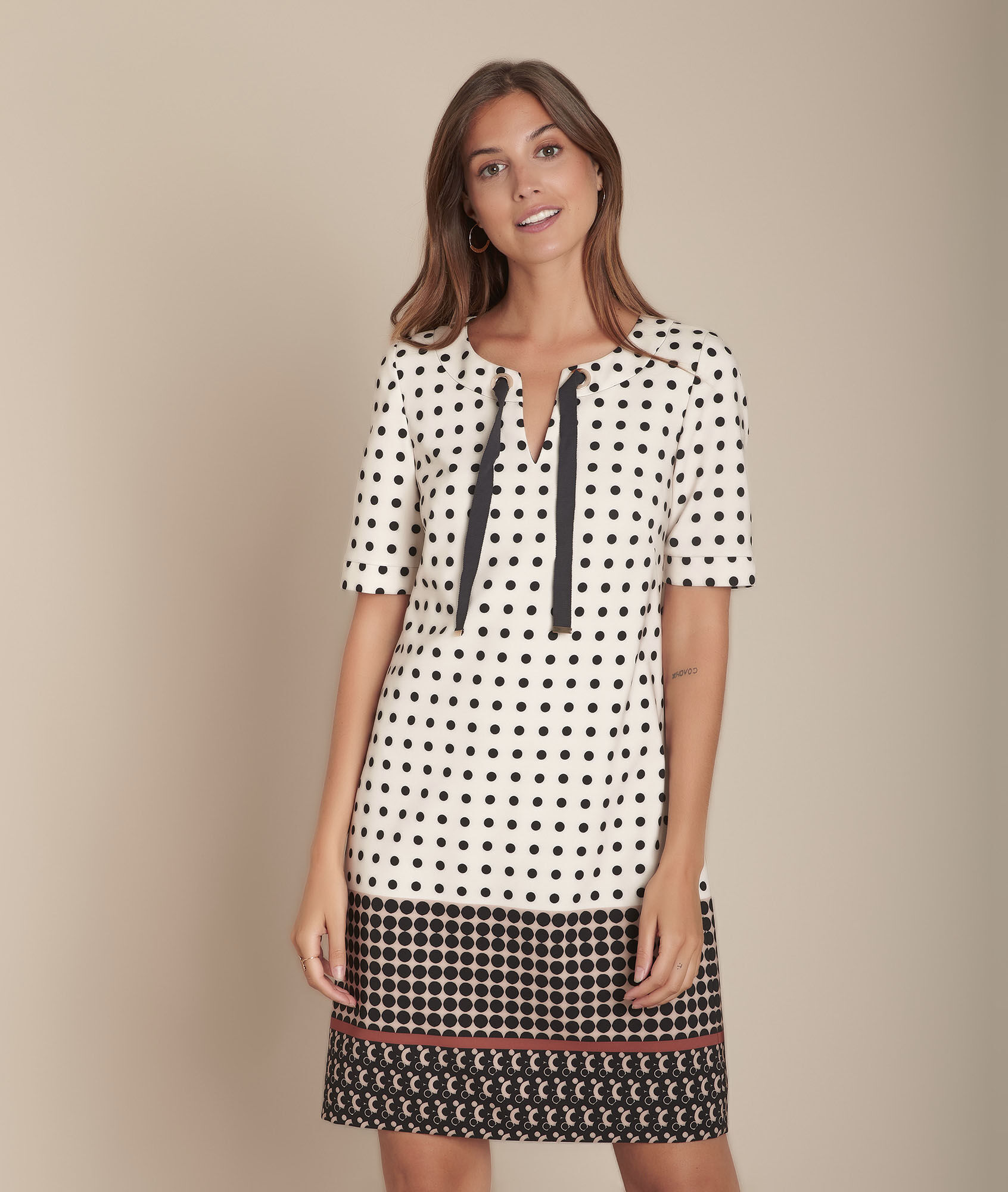 camel polka dot dress