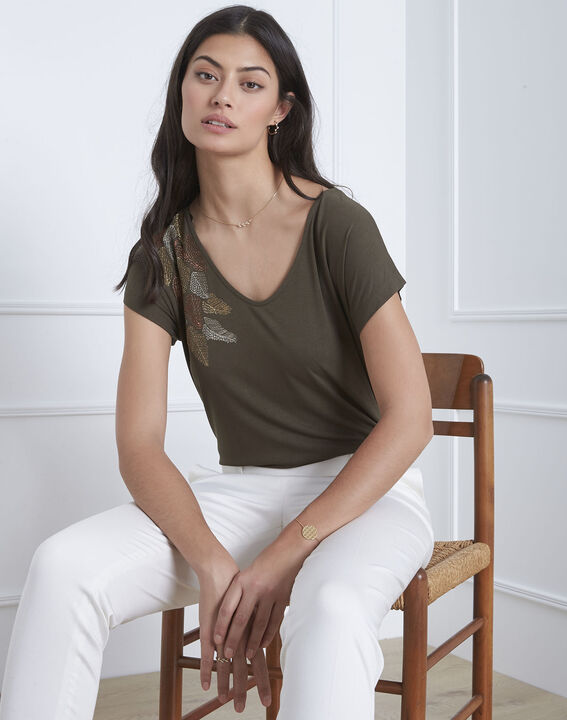Pandore khaki feather embroidery T-shirt | 1-2-3 Pandore khaki feather embroidery T-shirt PhotoZ | 1-2-3