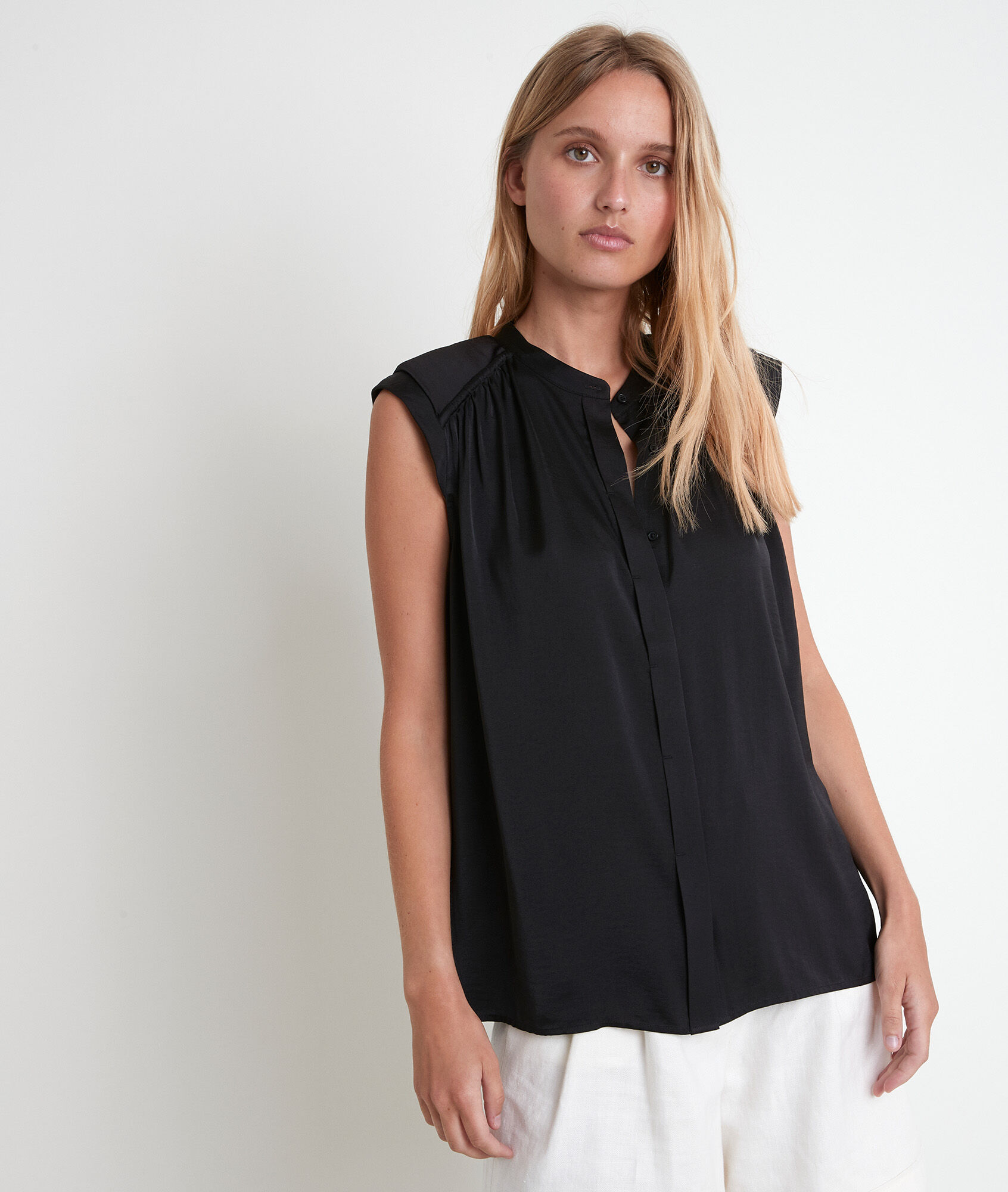 black satin sleeveless top