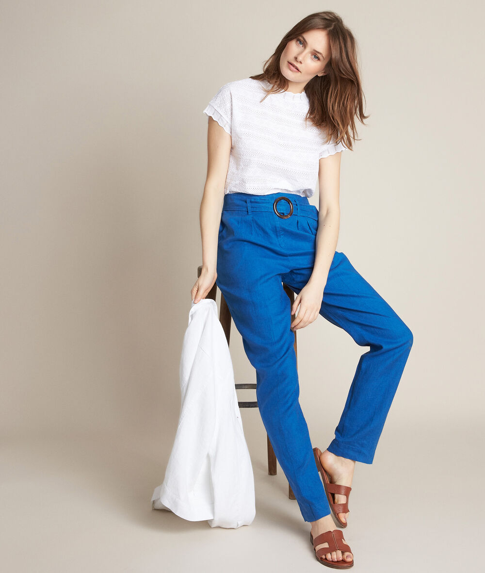 Ilea belted linen trousers blackcurrant.