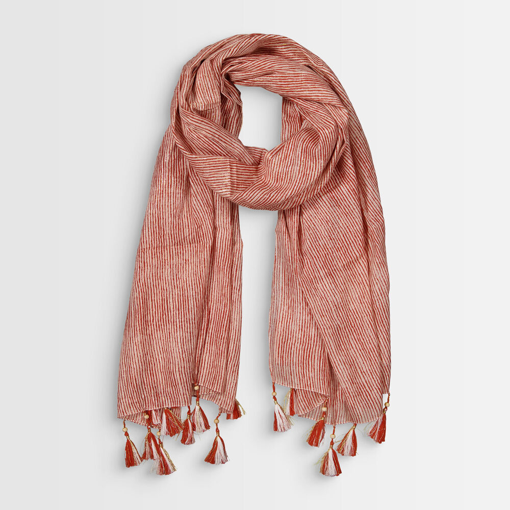 Bayron guava-coloured striped fringed scarf goyave.