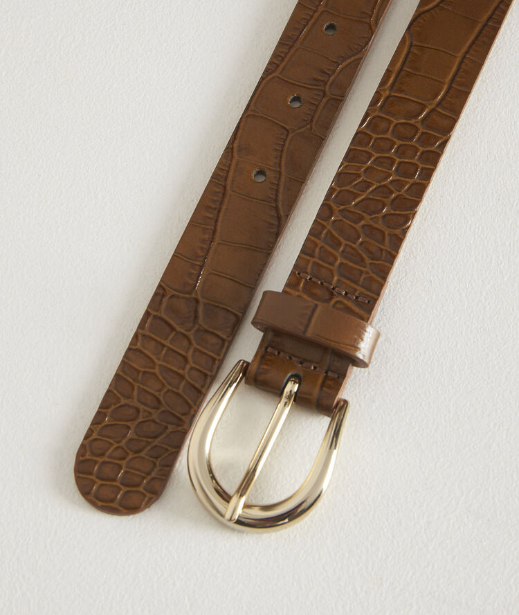Karine tobacco mock croc leather belt guava.