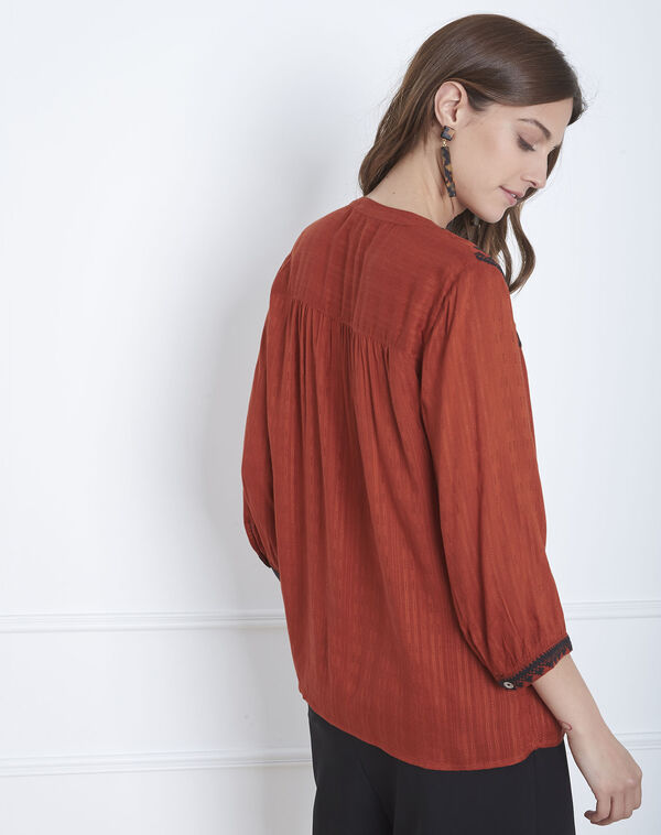 Vadim mahogany embroidered blouse with pompoms terracotta.