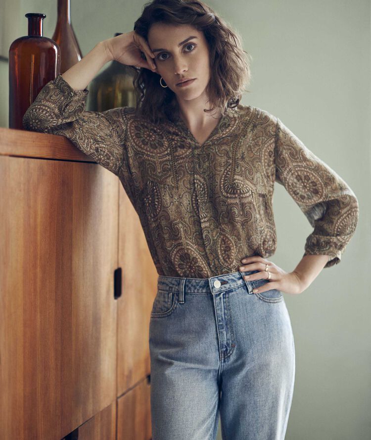 Martine khaki paisley print blouse corn.