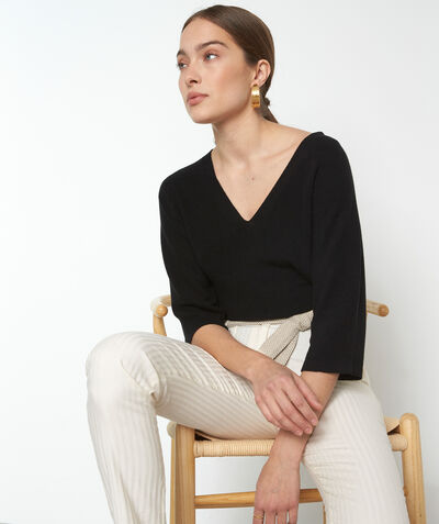 Paj black Lyocell Tencel, cotton and linen V-neck jumper PhotoZ | 1-2-3
