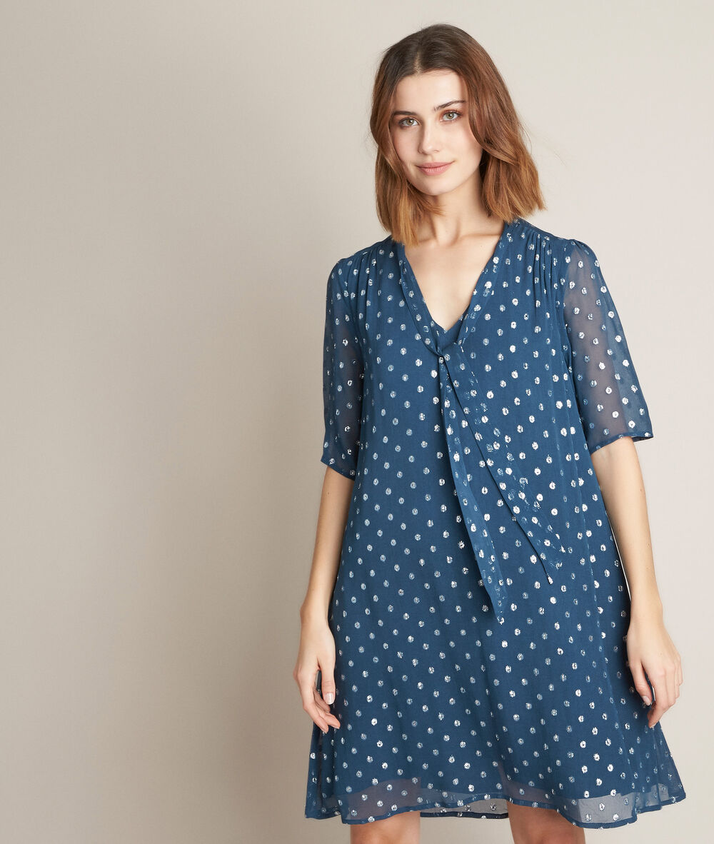 Odette polka-dot dress with lavalli&egrave;re bow neck light duck egg blue.