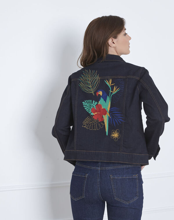 Famous jean jacket with parrot embroidery on the back navy.