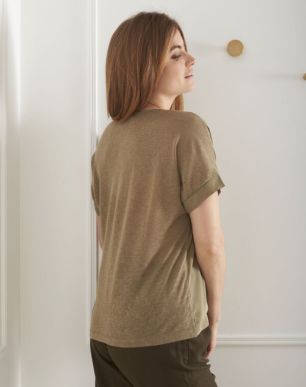 Vilma khaki silk top with lurex neckline olive.