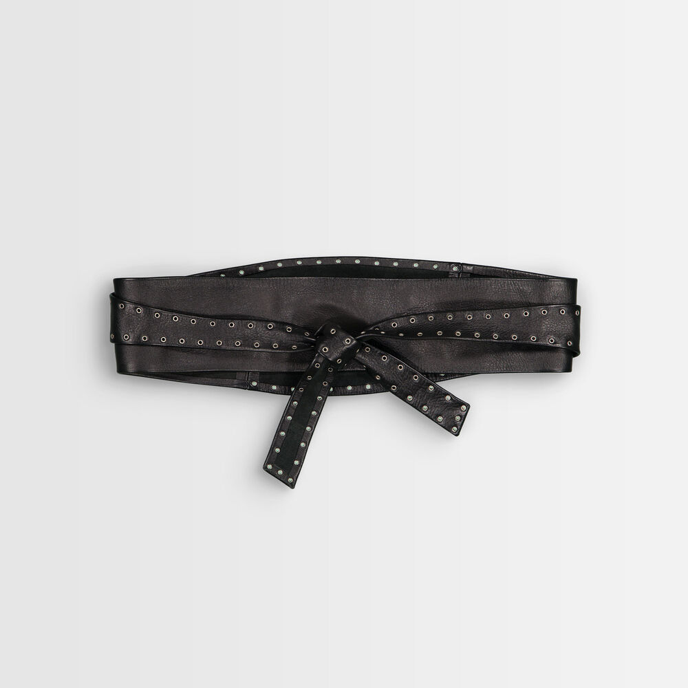 Sharon wide black leather tie belt noir.