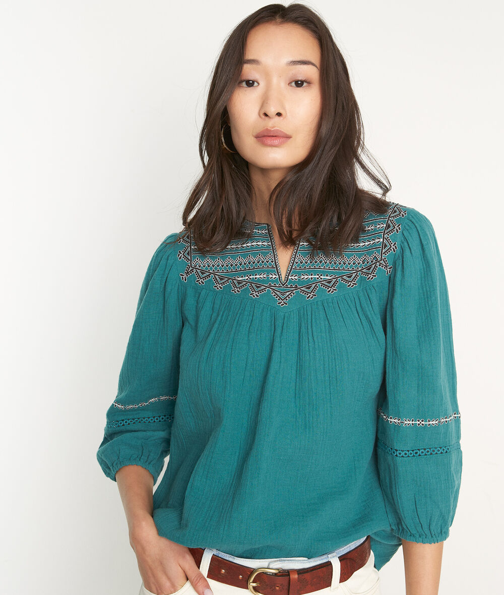 Lydie teal embroidered cotton blouse. PhotoZ | 1-2-3