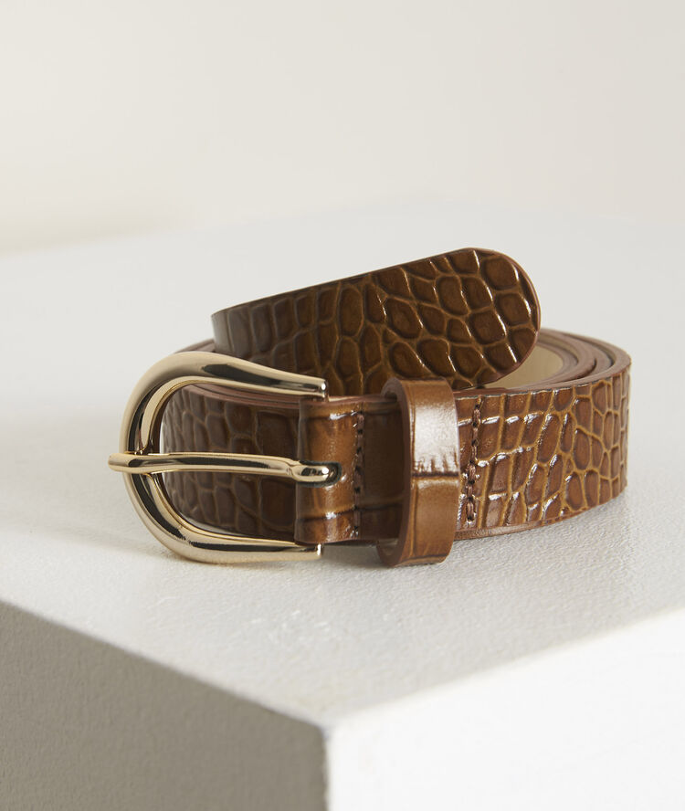 Karine tobacco mock croc leather belt guava.