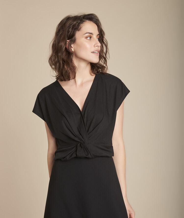 Carine black pleated wrap-over-style t-shirt black.