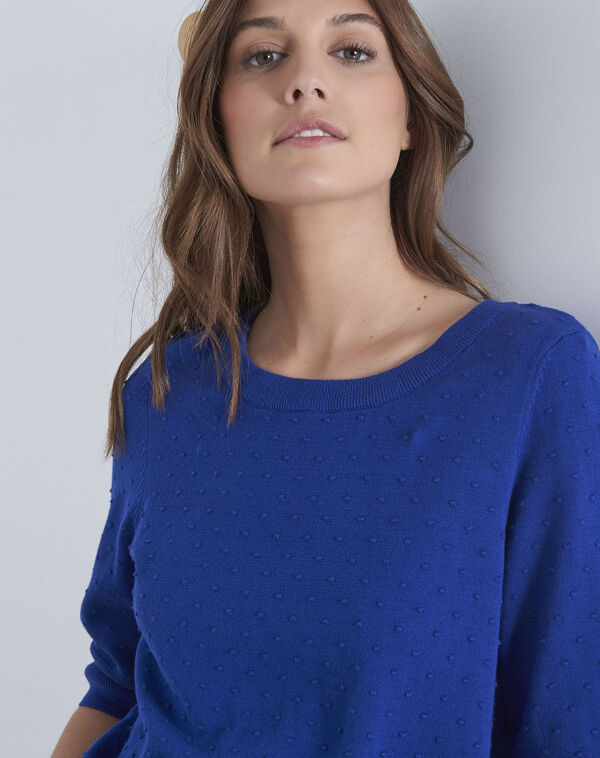 Adriana blue 3d knit pullover with grosgrain bow royal blue.