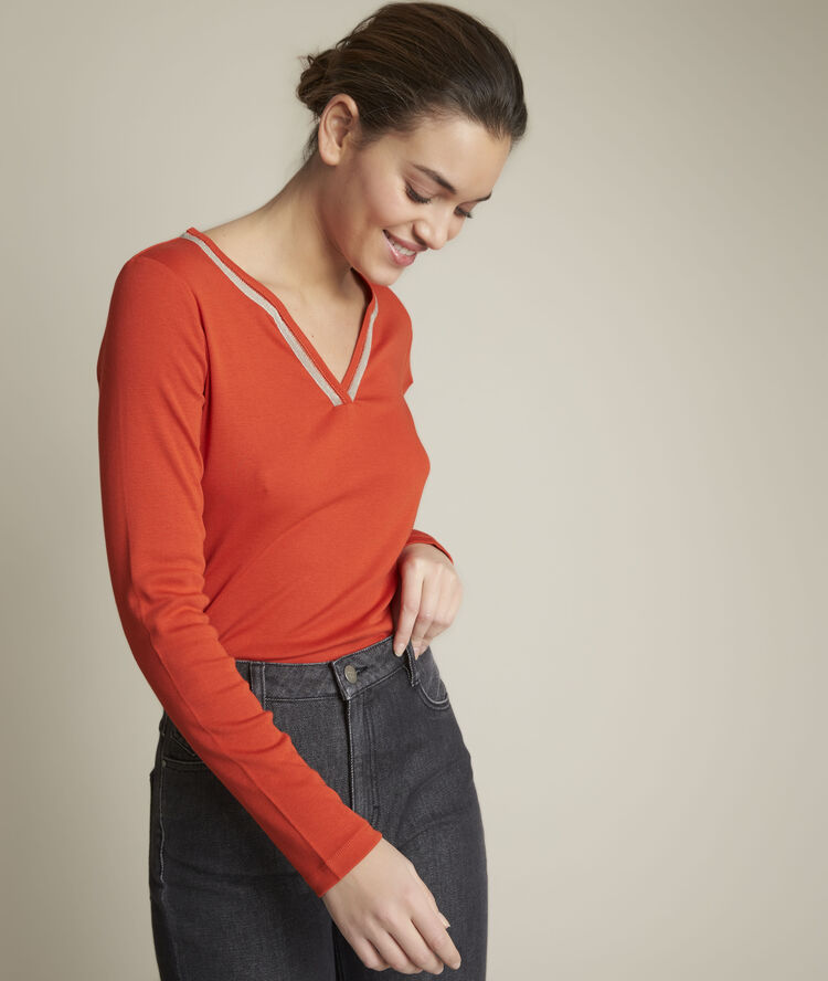 Rabat orange t-shirt with a henley neck vibrant orange.