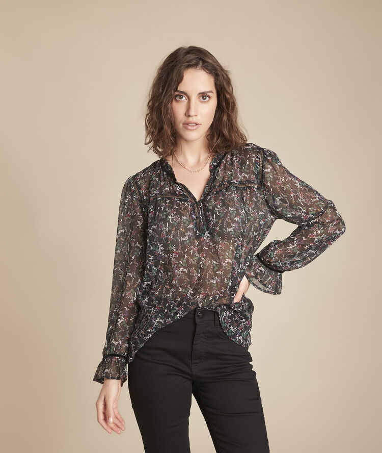 Marcelline black bias-cut floral print velvet blouse black.