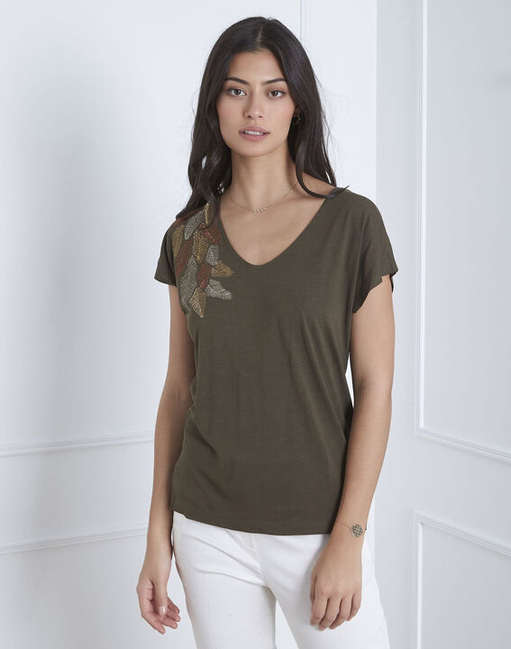 Pandore khaki feather embroidery T-shirt | 1-2-3 Pandore khaki feather embroidery T-shirt PhotoZ | 1-2-3