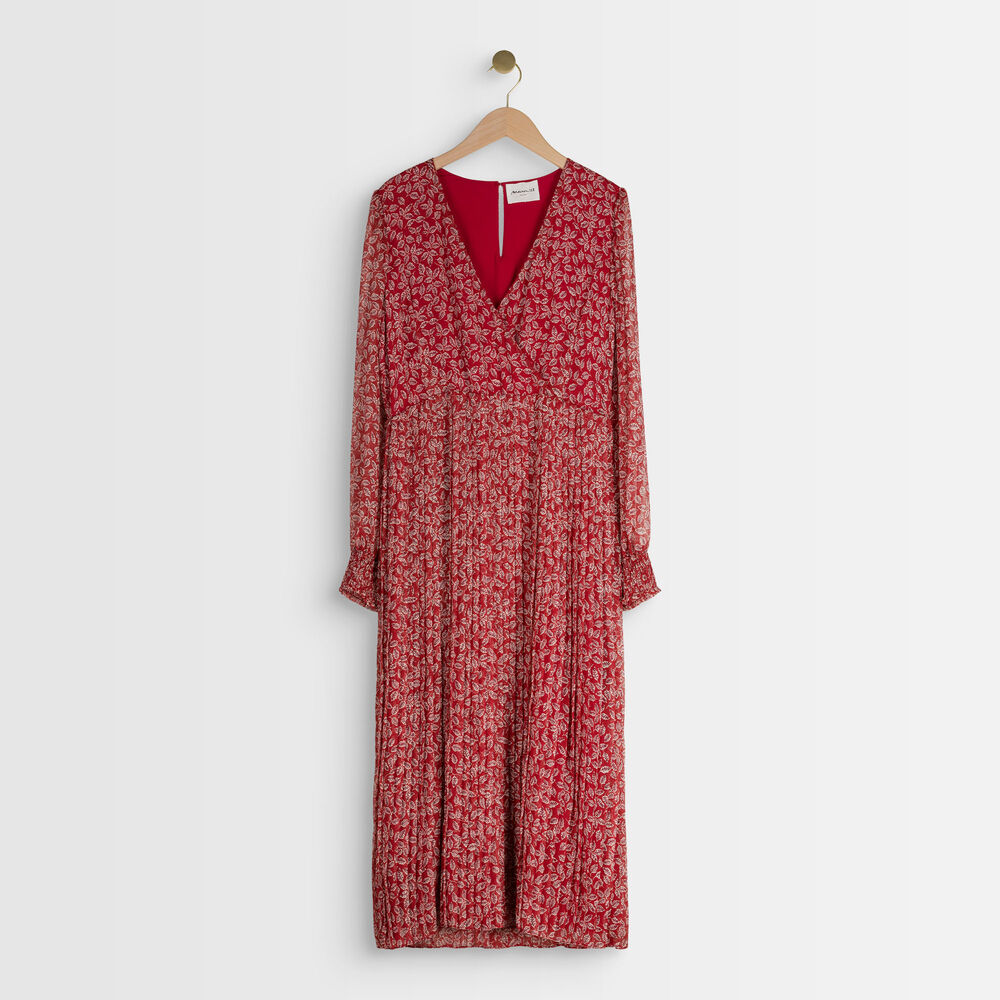 Caresse floral print pleated red dress. bourgogne.
