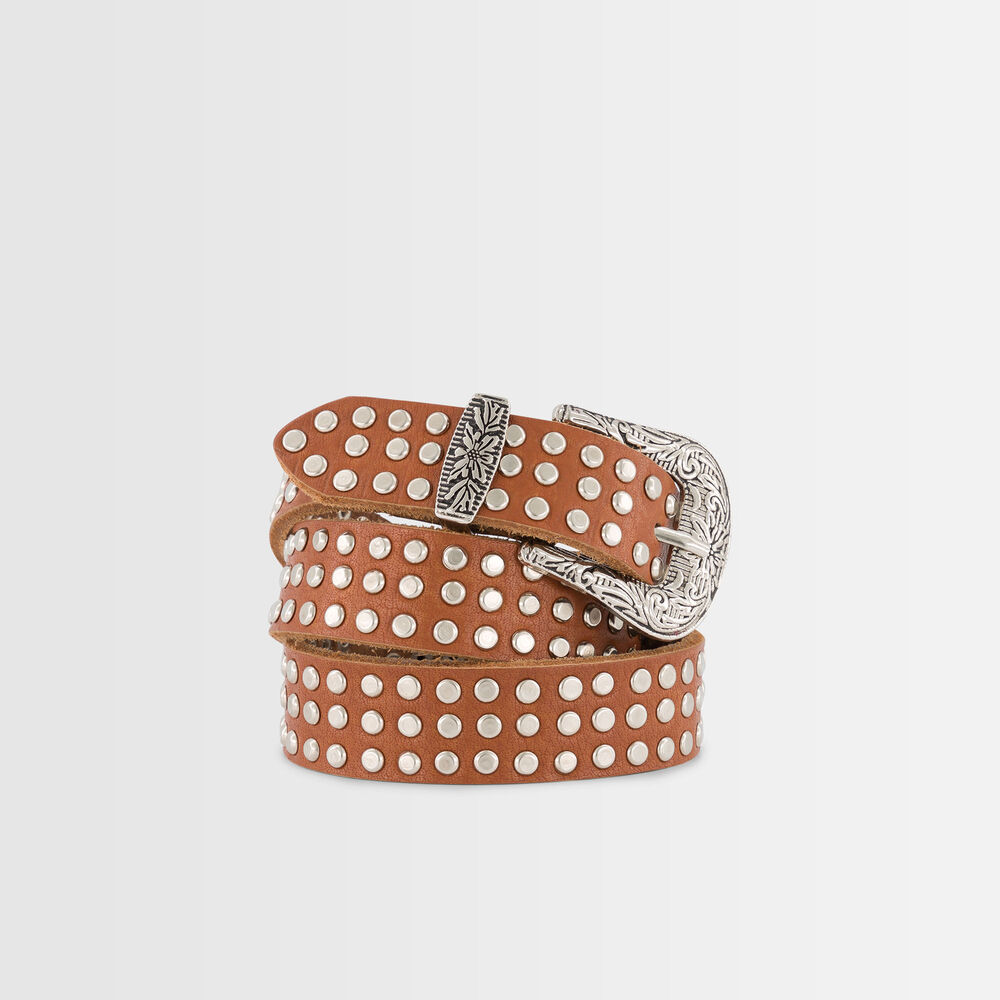 Sharleen camel-coloured studded belt camel.
