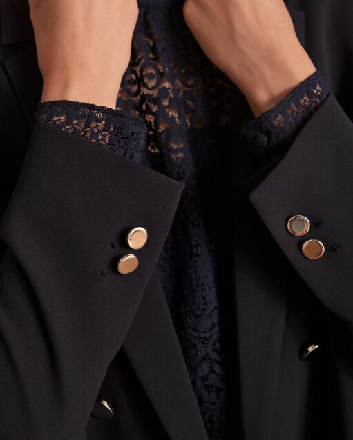 Florine long navy microfibre double-breasted jacket navy.