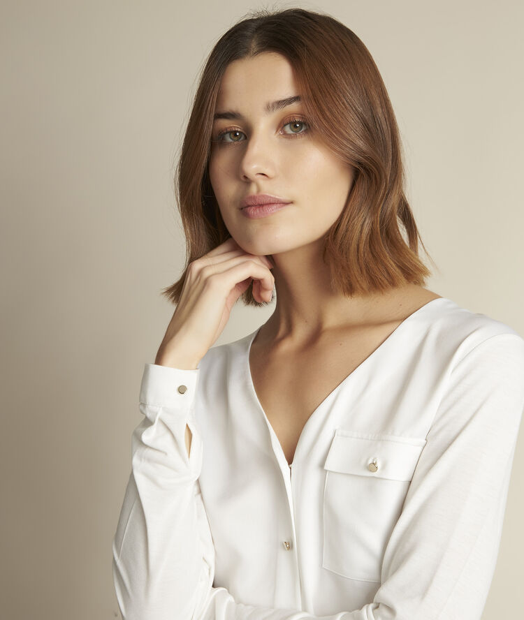 Rachel dual-fabric button-down top ecru.