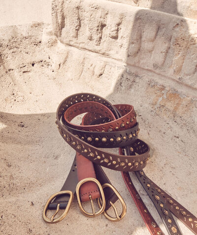 Dahlia Slim Studded Camel Leather Belt PhotoZ | 1-2-3