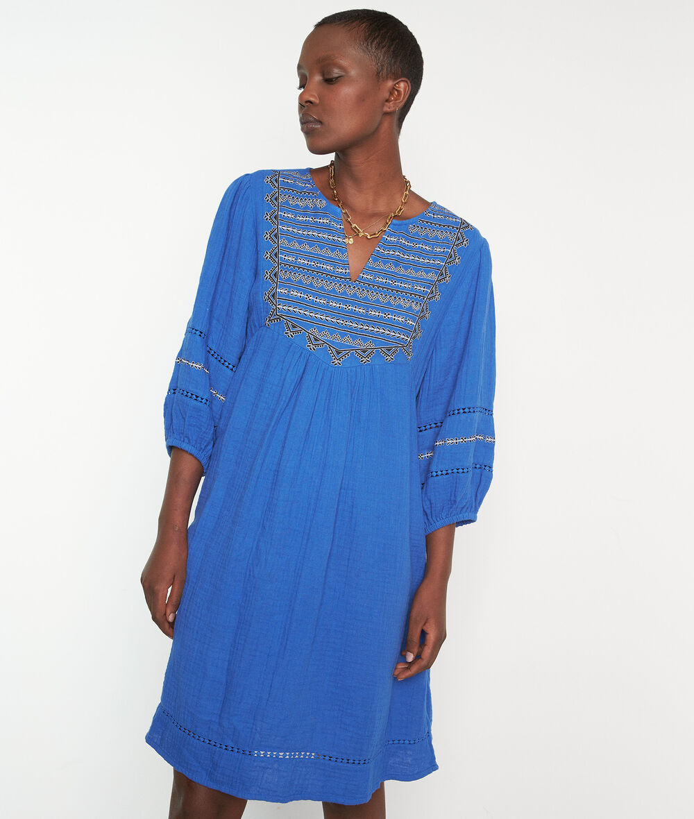 Nita royal blue embroidered short dress in organic cotton  PhotoZ | 1-2-3