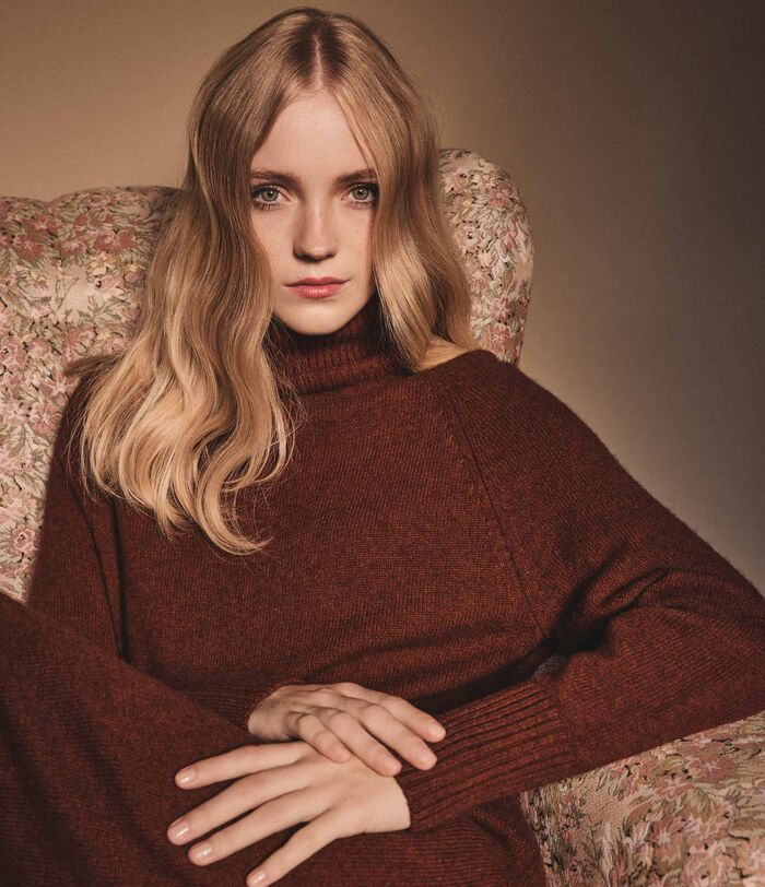 Holly chocolate polo-neck responsible wool jumper dress