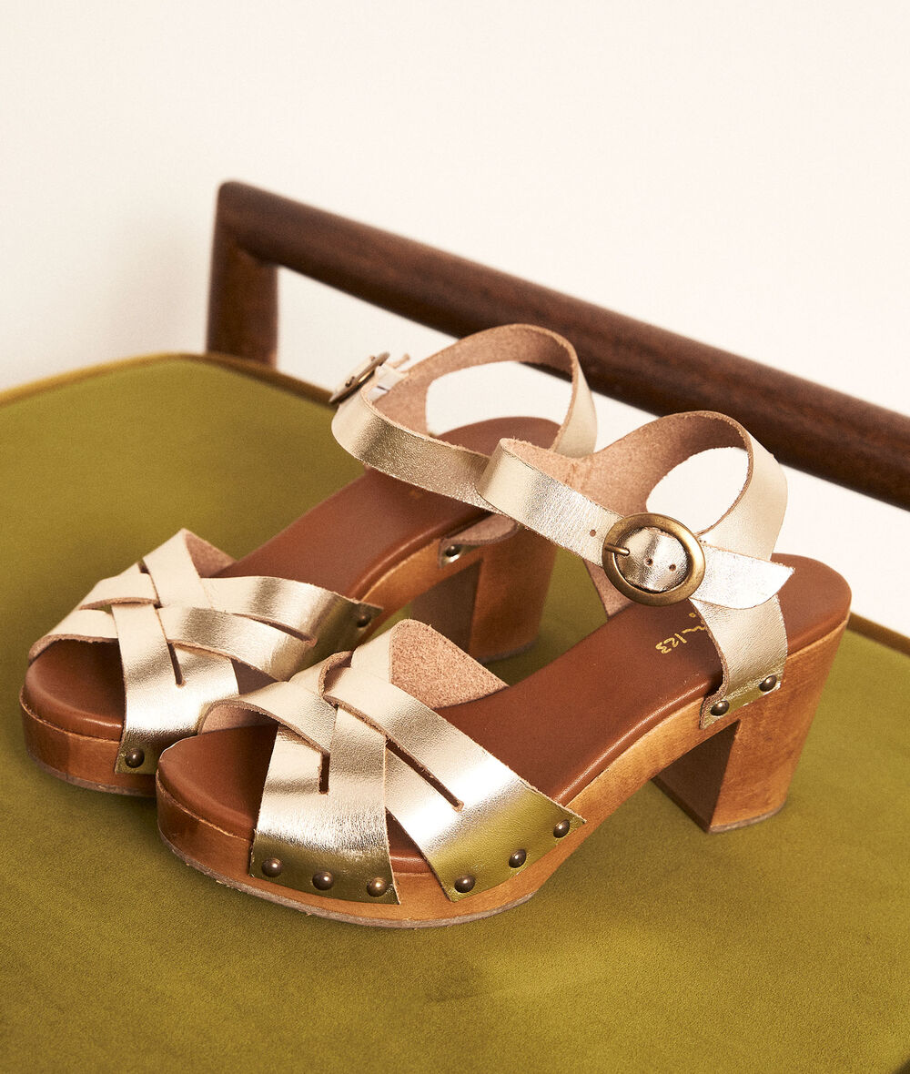 Camille wood and golden leather heeled sandals PhotoZ | 1-2-3