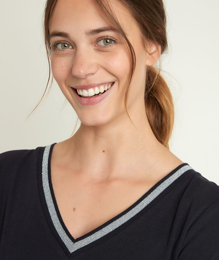 Calypso navy t-shirt with fancy v-neckline ink.