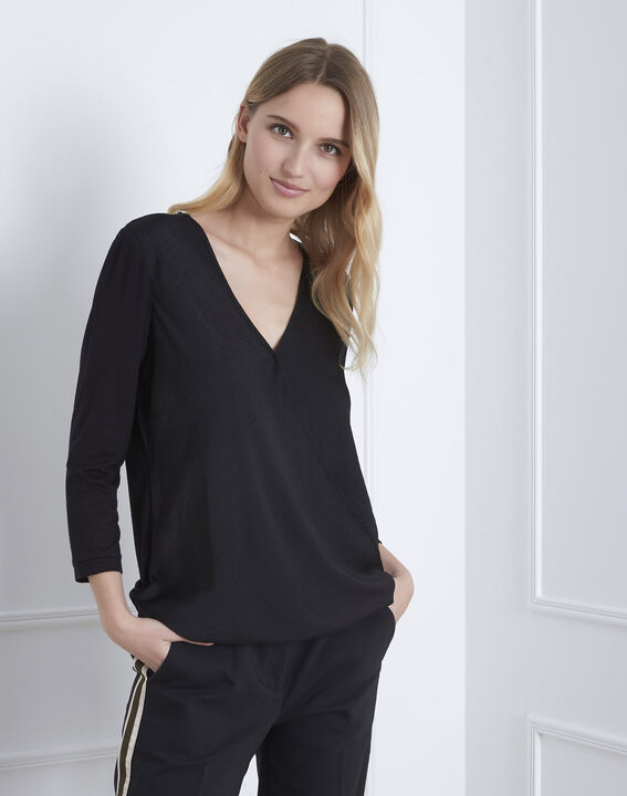 Black bi-material wrap around blouse | 1-2-3 Black bi-material wrap around blouse PhotoZ | 1-2-3