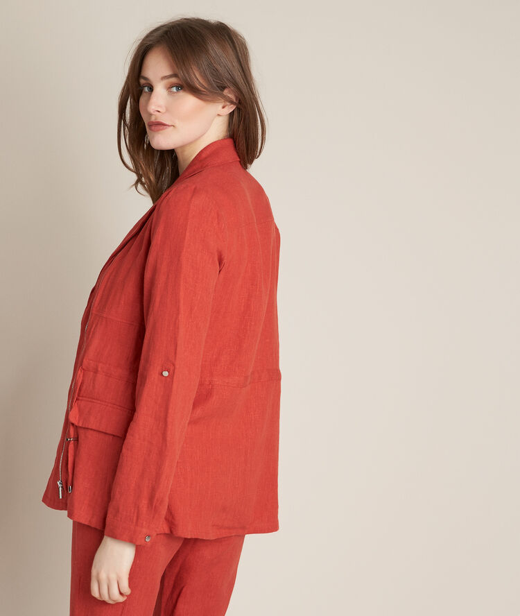Lucie brick-red linen safari jacket tile.