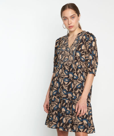 Madeleine short beige, blue and black printed cotton dress PhotoZ | 1-2-3