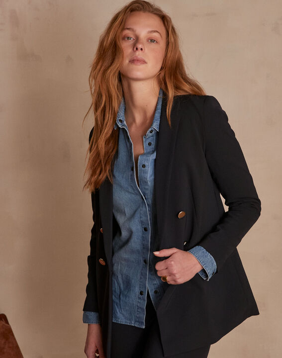 Florine long navy microfibre double-breasted jacket | 1-2-3 Florine long navy microfibre double-breasted jacket PhotoZ | 1-2-3