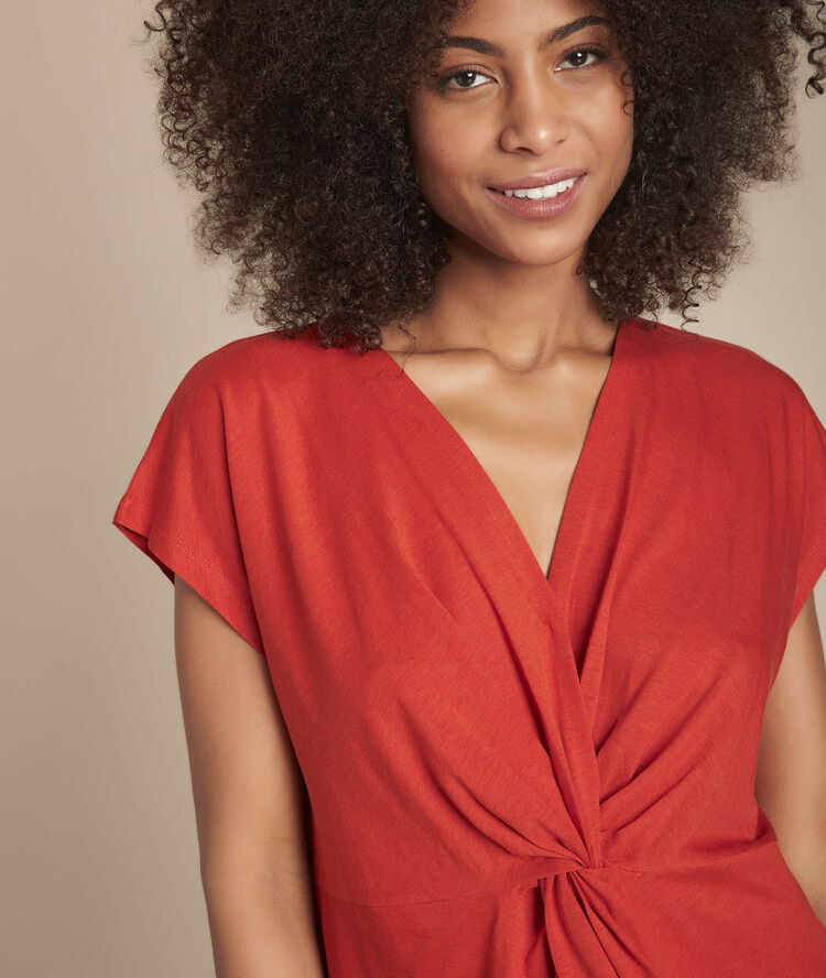 Carine orange pleated wrap-over t-shirt terracotta.