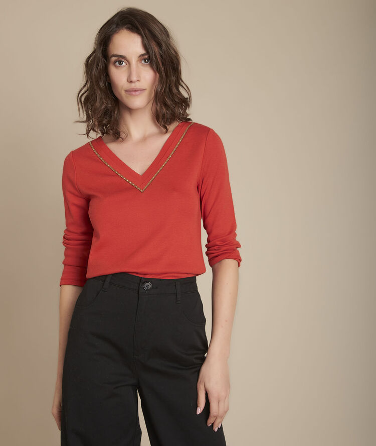 Carla two-fabric v-neck t-shirt terracotta.