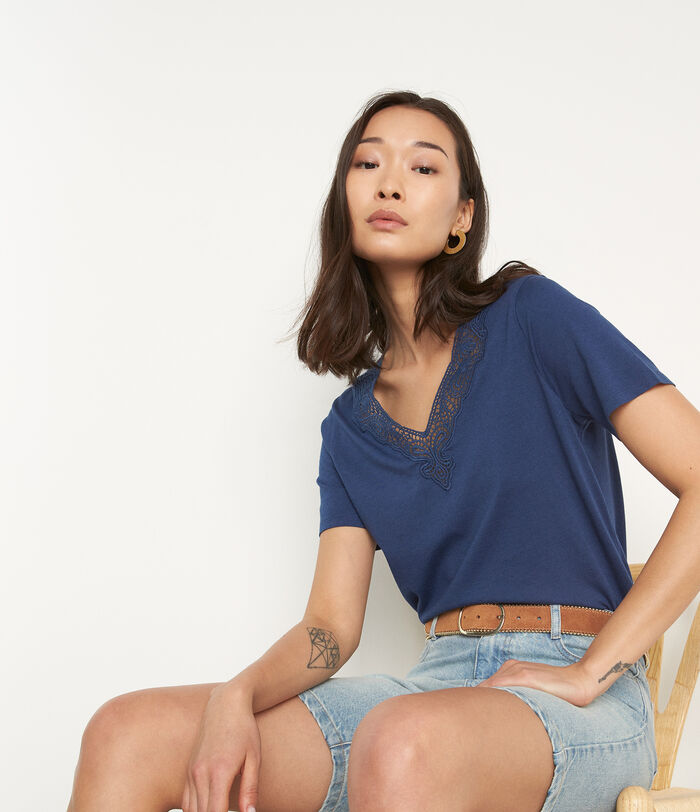 Melodie navy cotton and lace T-shirt 