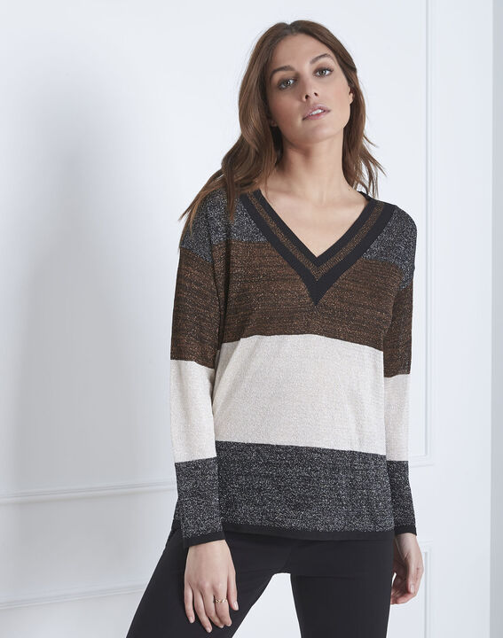 Artiste brown jumper with lurex stripes | 1-2-3 Artiste brown jumper with lurex stripes PhotoZ | 1-2-3