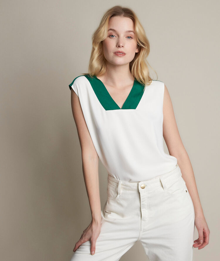 Elisa white two-fabric top sage.