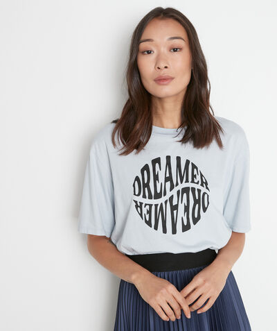 Mambo sky blue loose-fitting cotton T-shirt with slogan PhotoZ | 1-2-3