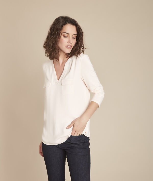 Genna powder pink V-neck dual-fabric blouse | 1-2-3 Genna powder pink V-neck dual-fabric blouse PhotoZ | 1-2-3