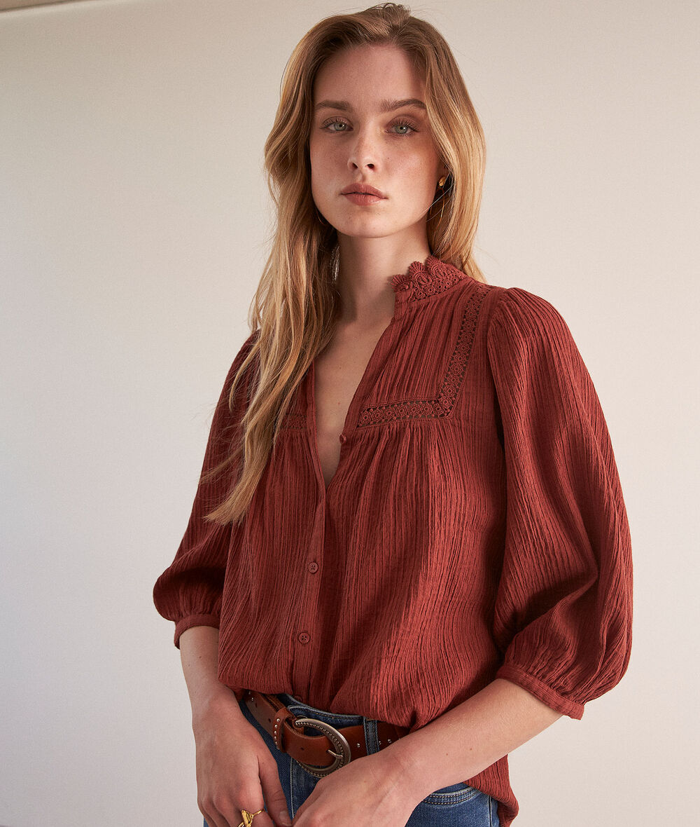 Clara brick-coloured cotton gauze blouse PhotoZ | 1-2-3