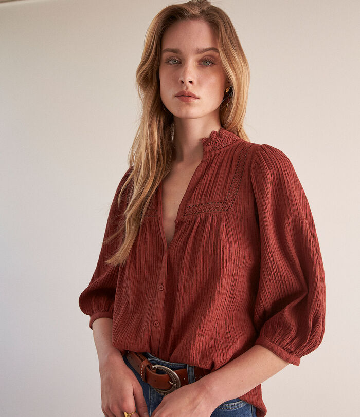 Clara brick-coloured cotton gauze blouse