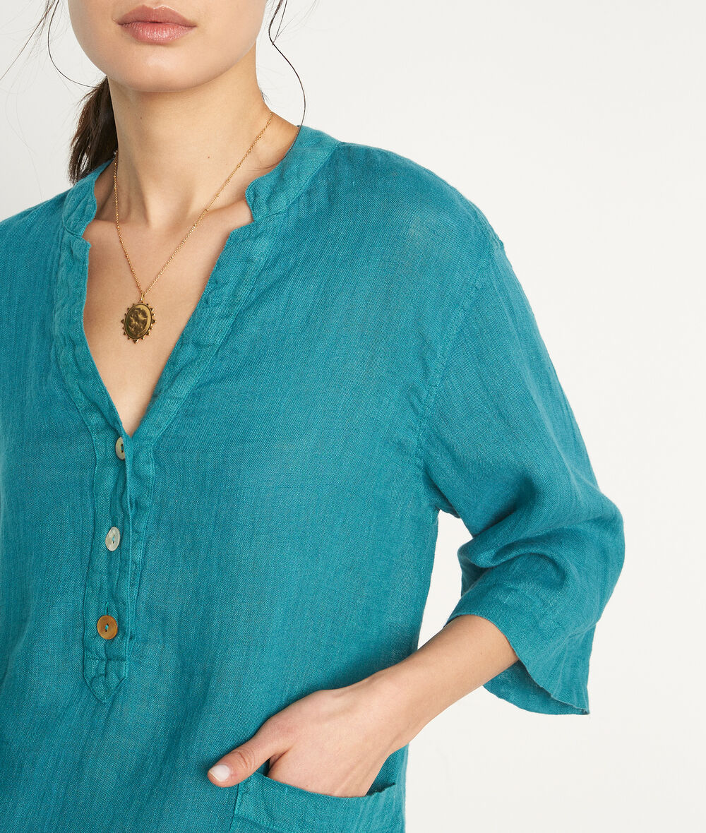 Hannae turquoise linen short dress with shirt-tail hem PhotoZ | 1-2-3
