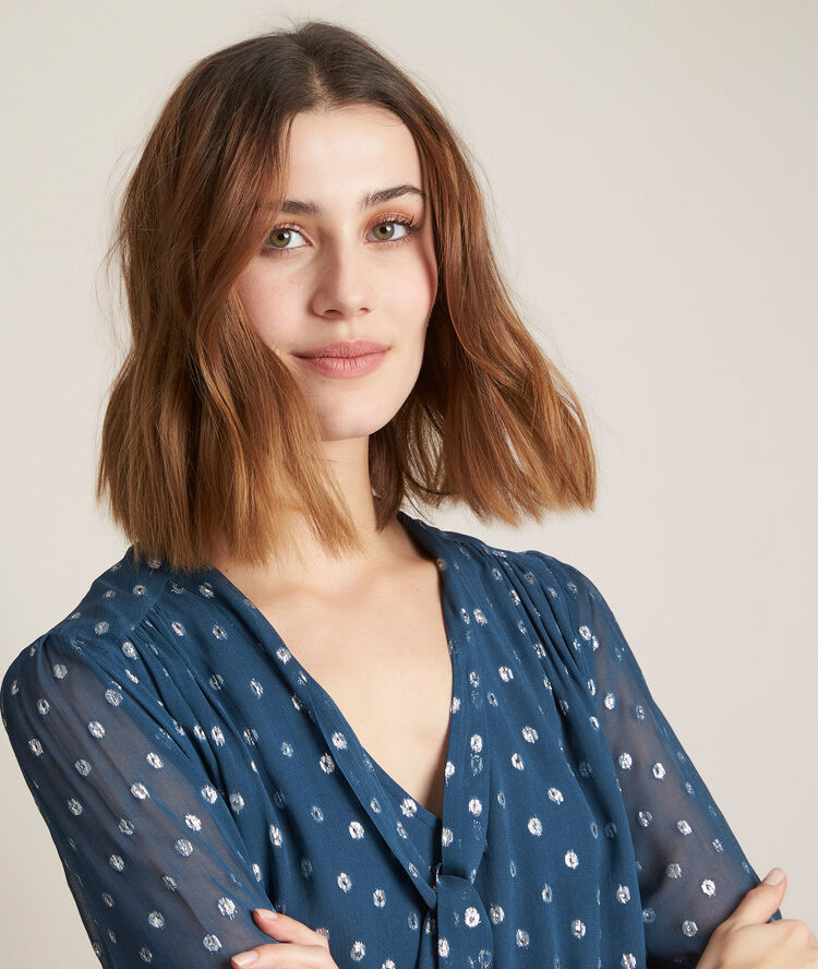 Odette polka-dot dress with lavallière bow neck light duck egg blue.