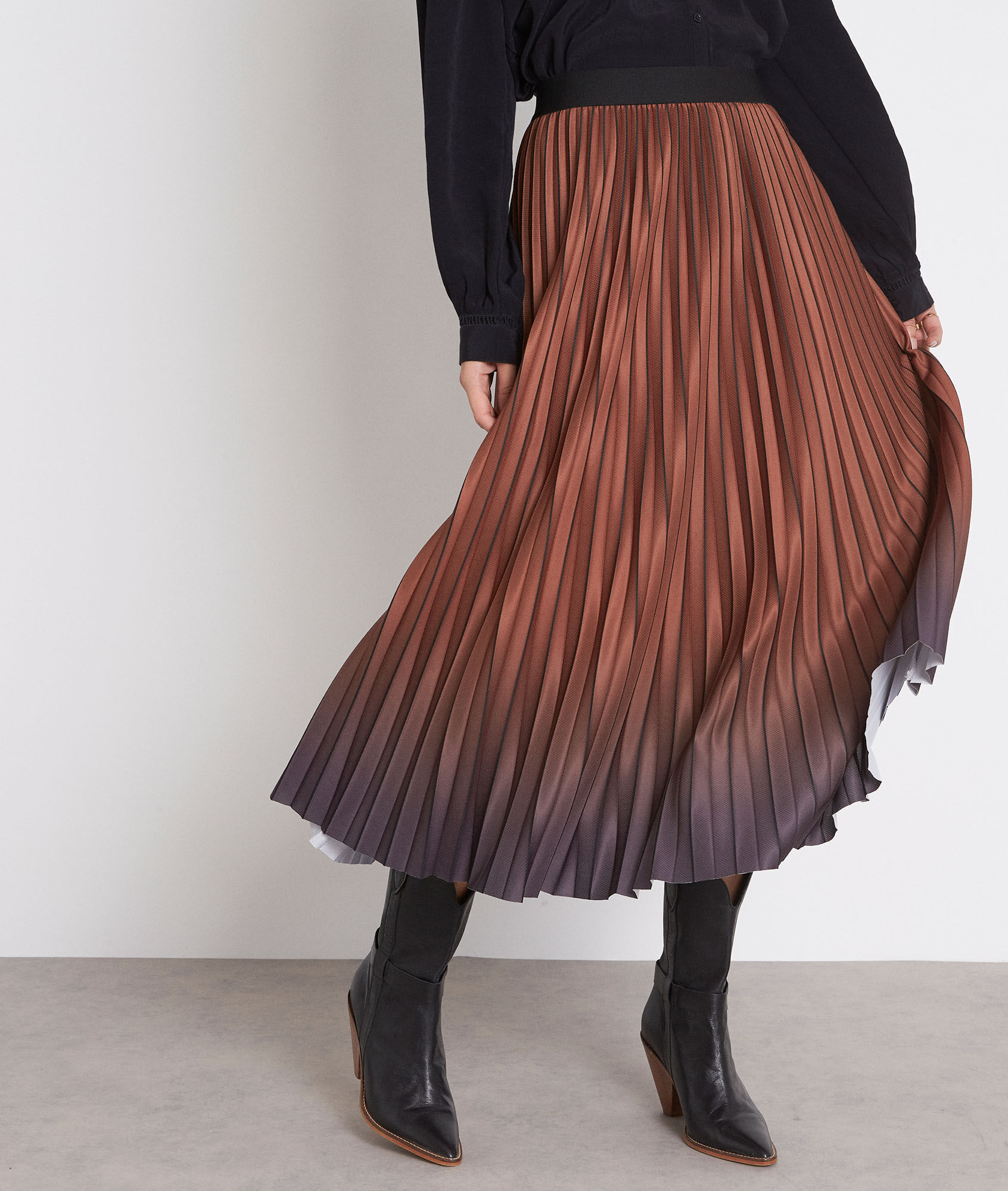 taupe pleated midi skirt