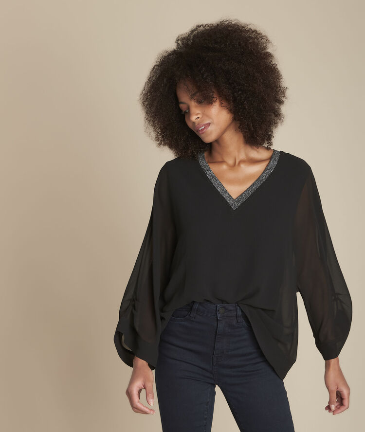 Mara black shiny v-neck blouse black.