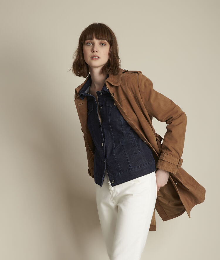 Qleo tan suede leather trench coat greige.