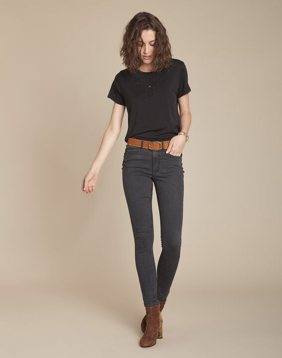 Chypre black T-shirt with embroidered openwork details at the neckline | 1-2-3 Chypre black T-shirt with embroidered openwork details at the neckline PhotoZ | 1-2-3